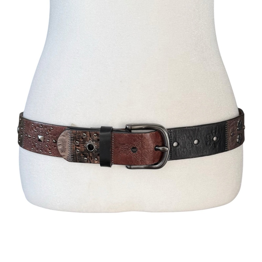 Y2K Fossil Womens Patchwork Studded Leather Belt Brown Black Indie Boho Sz Small
